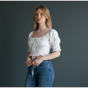 Zara Crop Top sz M White Smocked Puff Sleeve Open Back Tie coquette Y2K milkmaid